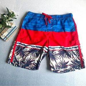Wave Zone Sz XL Men’s Tropical Print Cargo Swim-Trunks Red White Blue UV Protect